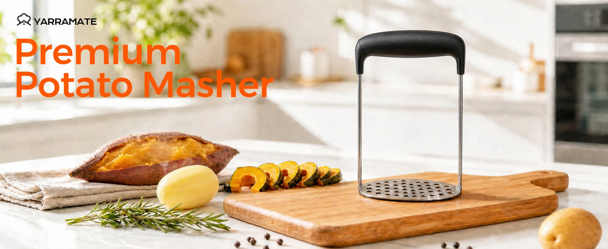 Stainless steel potato masher with black handle