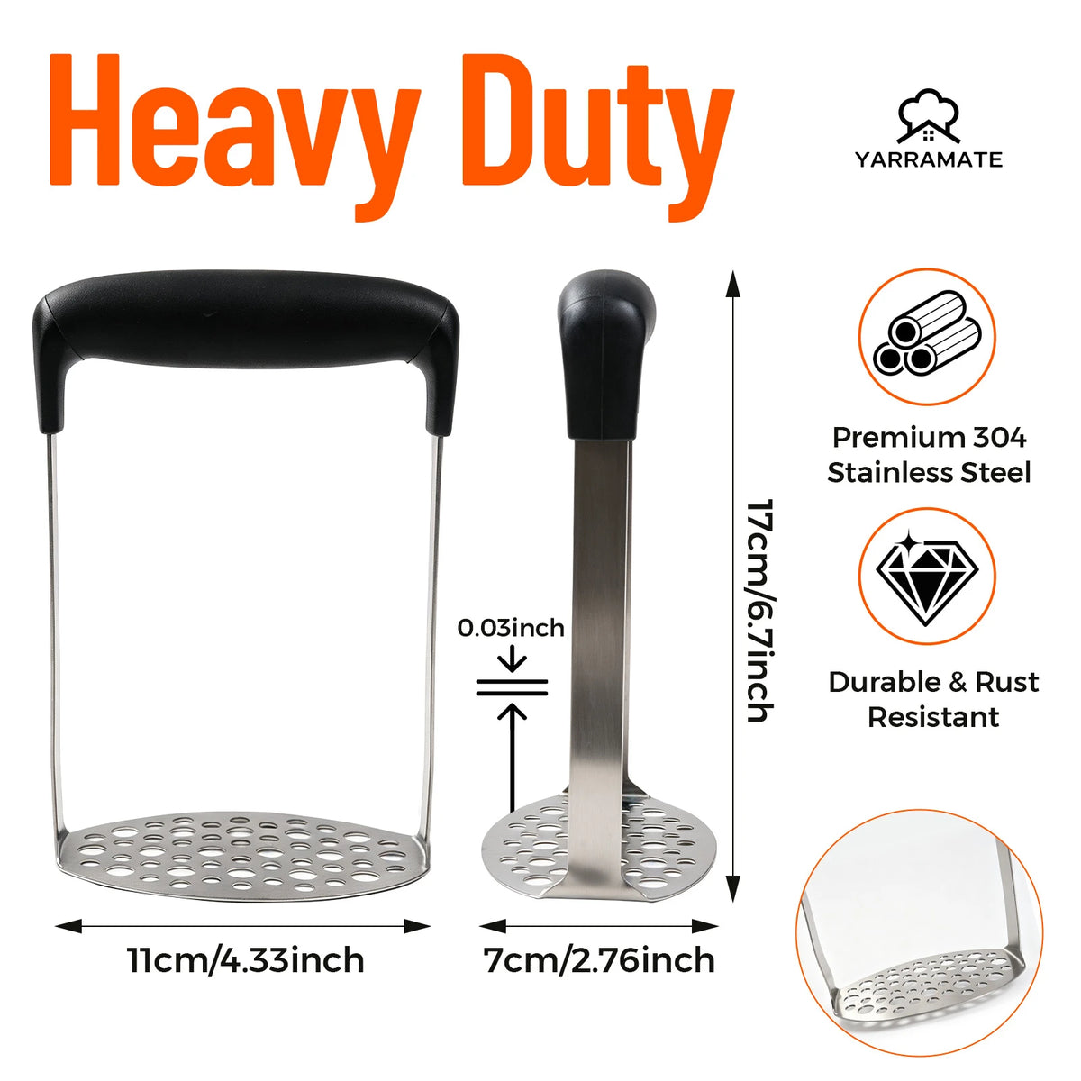 Stainless steel potato masher with a 17 cm height and 11 by 7 cm plate