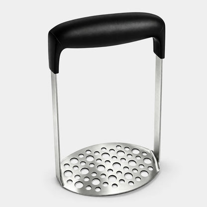 Stainless steel potato masher with a wide black handle on a light gray background