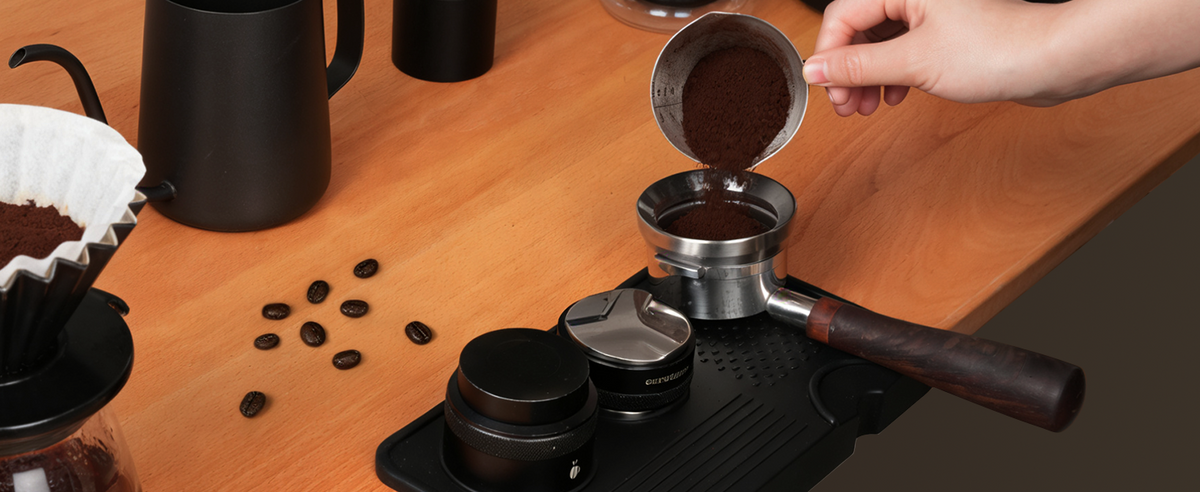 Preparing espresso with the black silicone tamping mat.