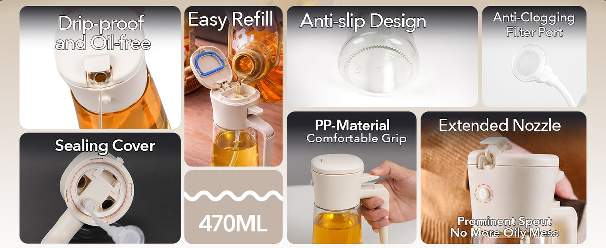 470mL oil dispenser design features and refill opening.