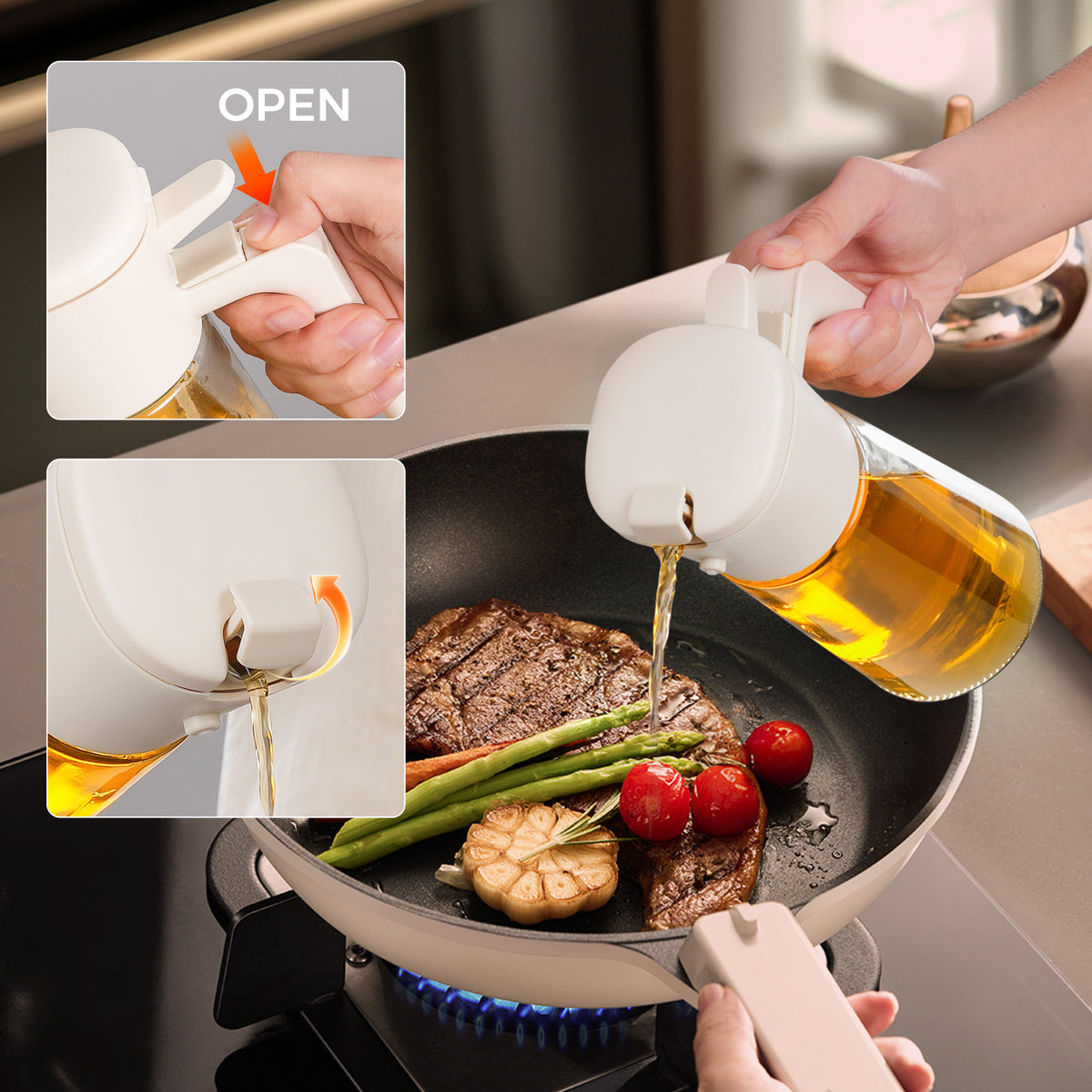 Using the pour spout on the white glass oil dispenser.