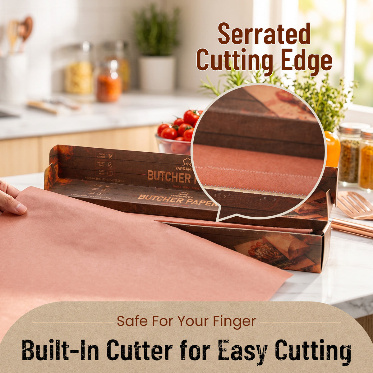 Serrated dispenser box for cutting butcher paper to length
