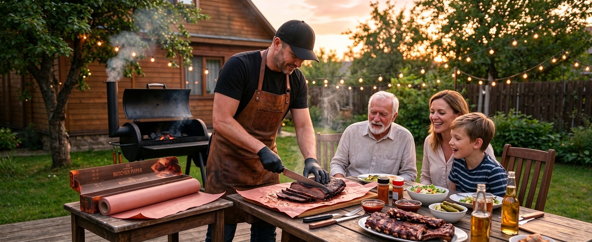Outdoor barbecue serving scene using butcher paper