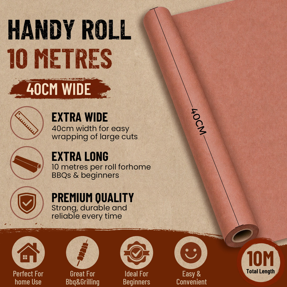 Pink butcher paper roll, 40 cm wide and 10 m long