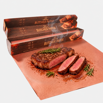 One pink butcher paper roll in a serrated dispenser box with a sheet displayed on a light gray background; steak and herbs are styling props, not included
