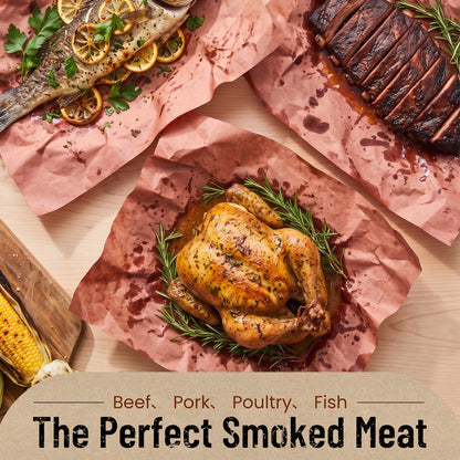 Pink butcher paper shown with meat serving examples; food not included