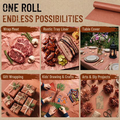 Butcher paper roll shown for wrapping, tray lining and crafts