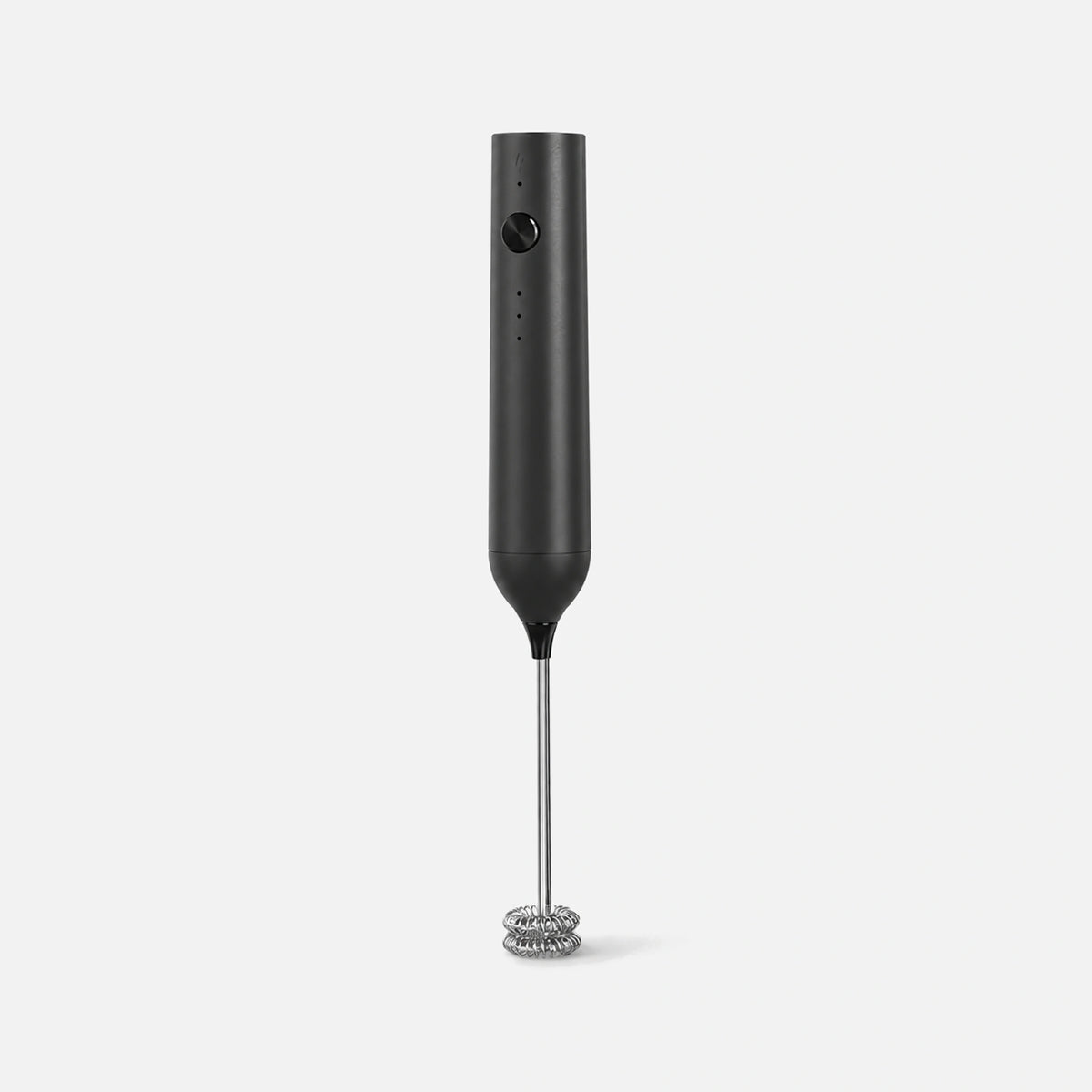Black rechargeable milk frother without a stand.