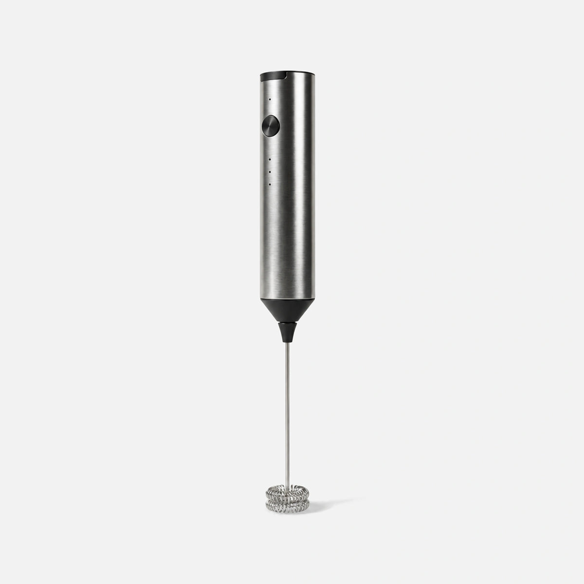 Silver rechargeable milk frother without a stand.