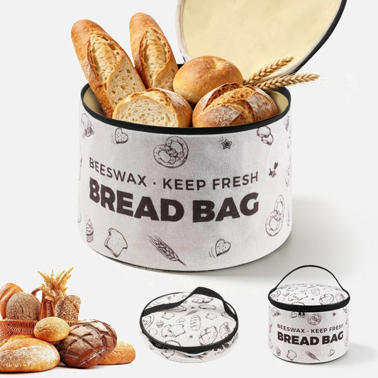 Round patterned beeswax bread box with zippered lid.
