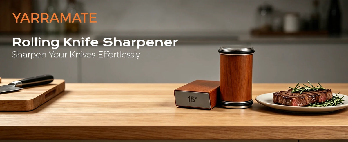 Wooden rolling knife sharpener and magnetic holder