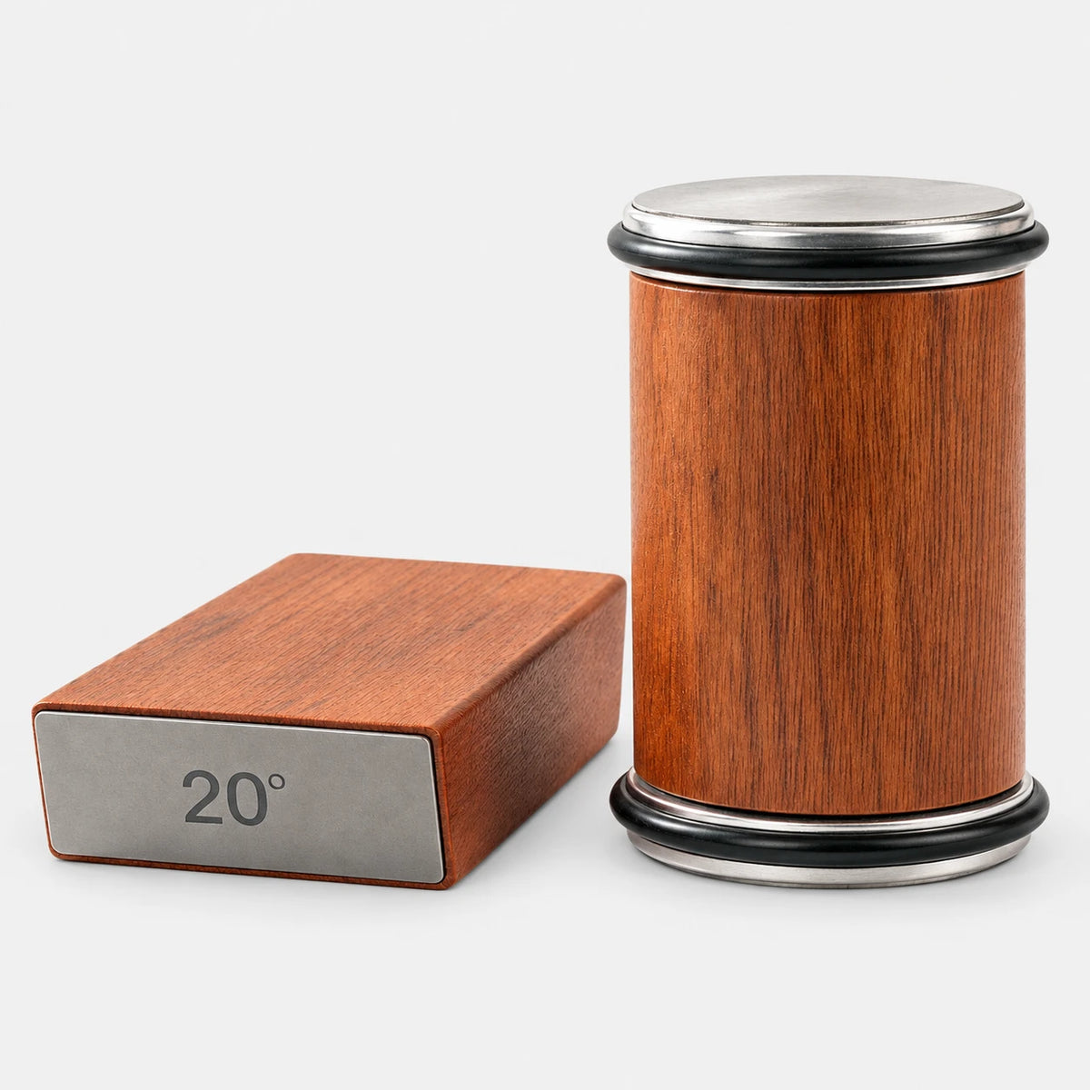 Wooden rolling knife sharpener and magnetic angle holder on a light gray background