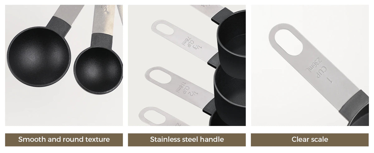 Black bowls, stainless steel handles and engraved scales