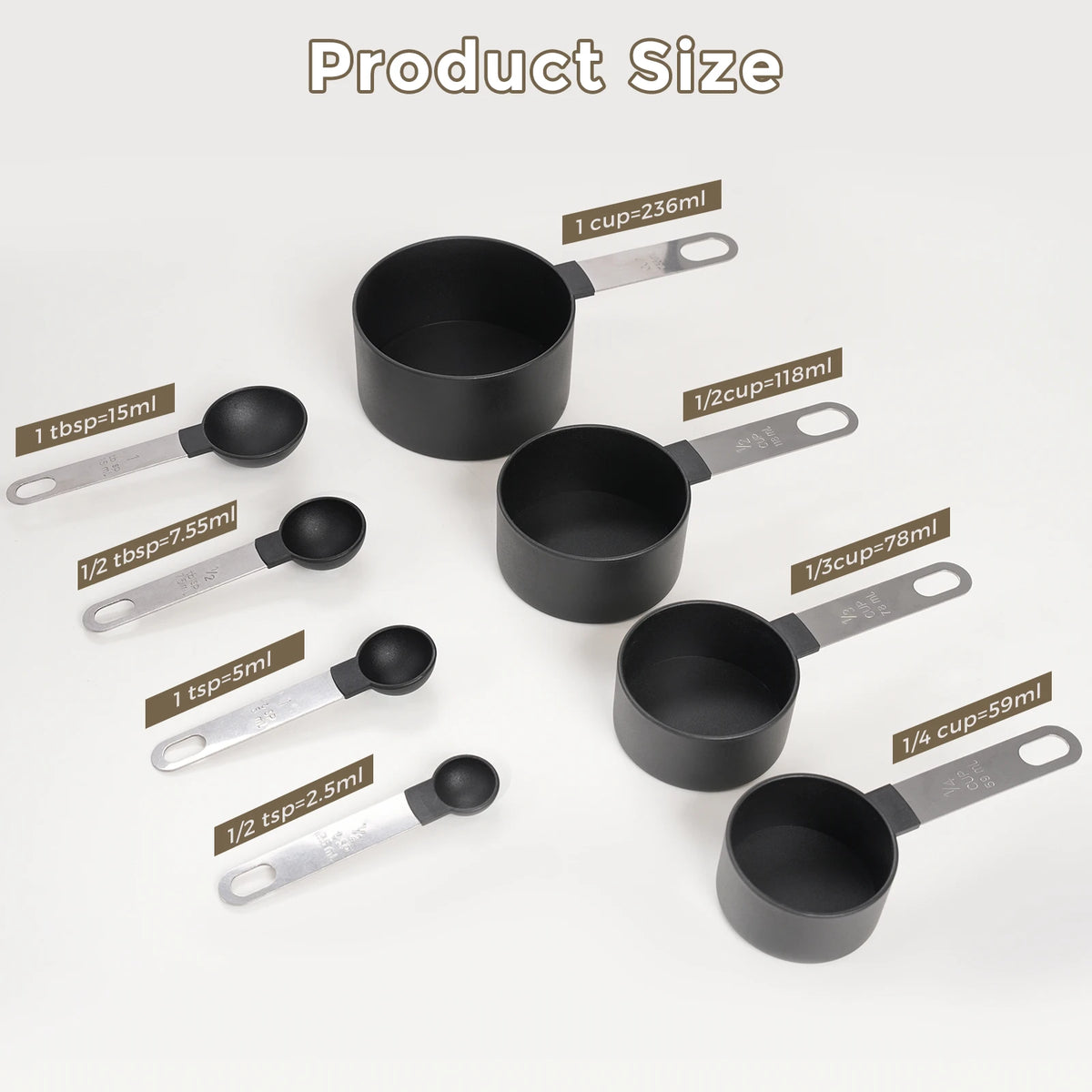 Four measuring cup sizes and four measuring spoon sizes