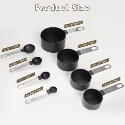 Four measuring cup sizes and four measuring spoon sizes