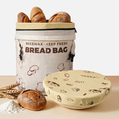 Brown patterned reusable beeswax bread bag with a matching bread bowl cover.