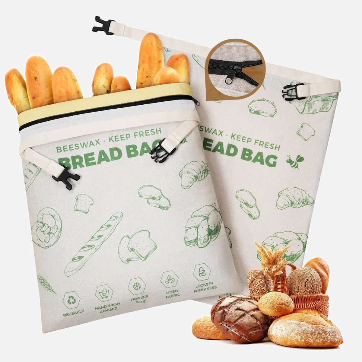 Two green patterned reusable beeswax bread bags with zippers.
