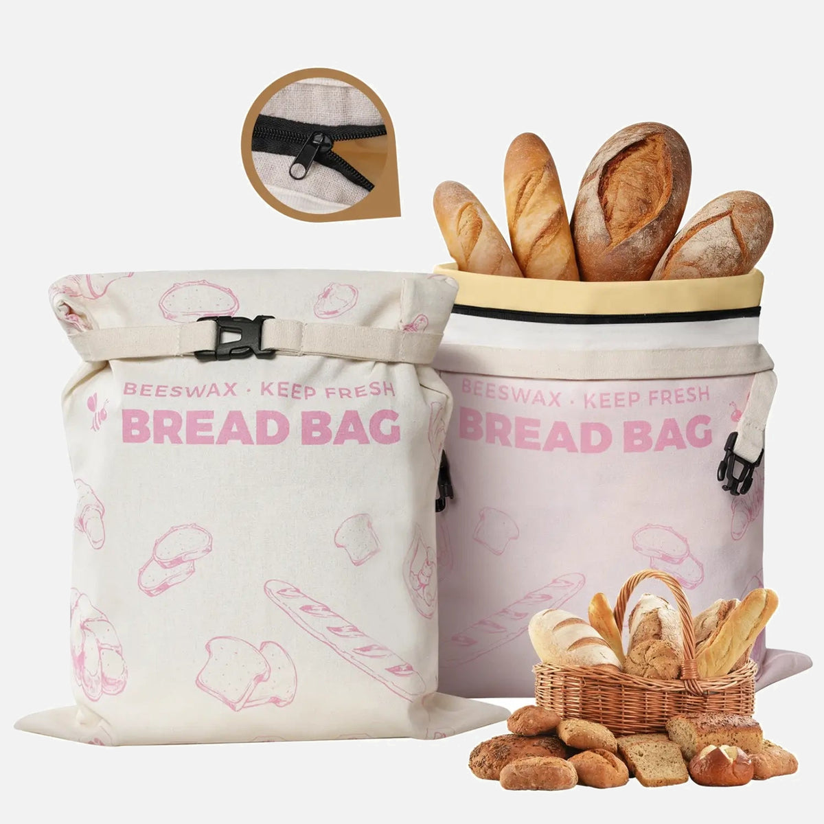 Two pink patterned reusable beeswax bread bags with zippers.