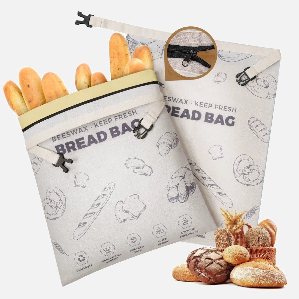 Two purple patterned reusable beeswax bread bags with zippers.