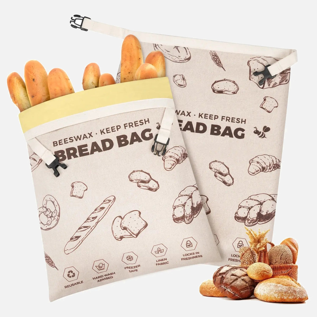 Two brown patterned reusable beeswax bread bags without zippers.