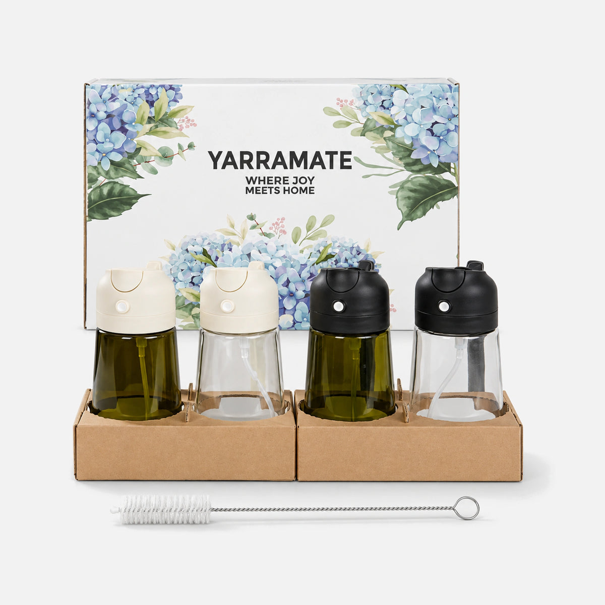 Oil sprayer gift set with presentation box, 2* Non-Slip Bottle Mat + Cleaning Brush, Cream and Forest.
