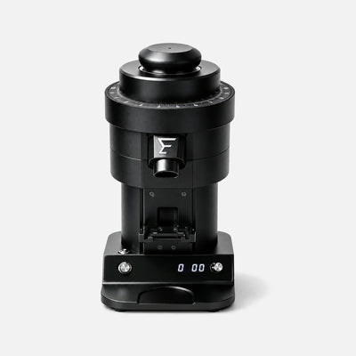 YEH-120L coffee grinder in black, with dosing cup and base.