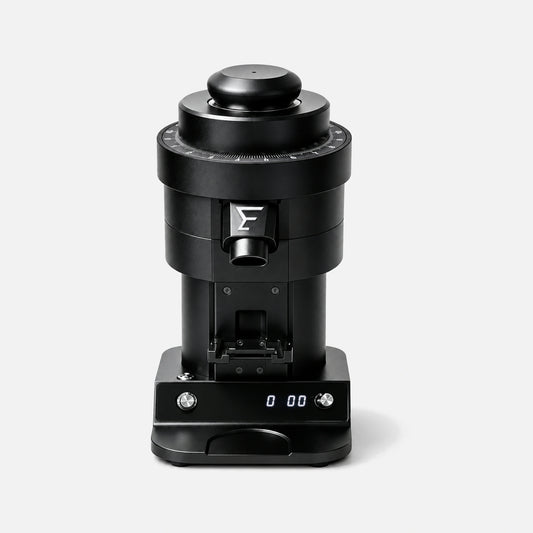 YEH-120L coffee grinder in black, with dosing cup and base.