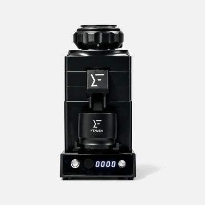 YEH-80L coffee grinder in black, with dosing cup and base.