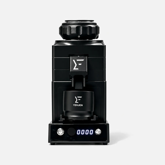 YEH-80L coffee grinder in black, with dosing cup and base.