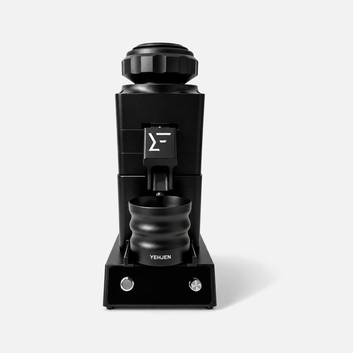 YEH-83C coffee grinder in black, with dosing cup and base.