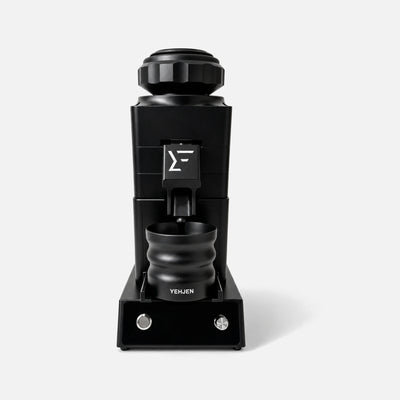 YEH-83C coffee grinder in black, with dosing cup and base.