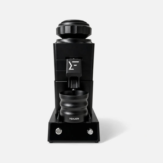 YEH-83C coffee grinder in black, with dosing cup and base.