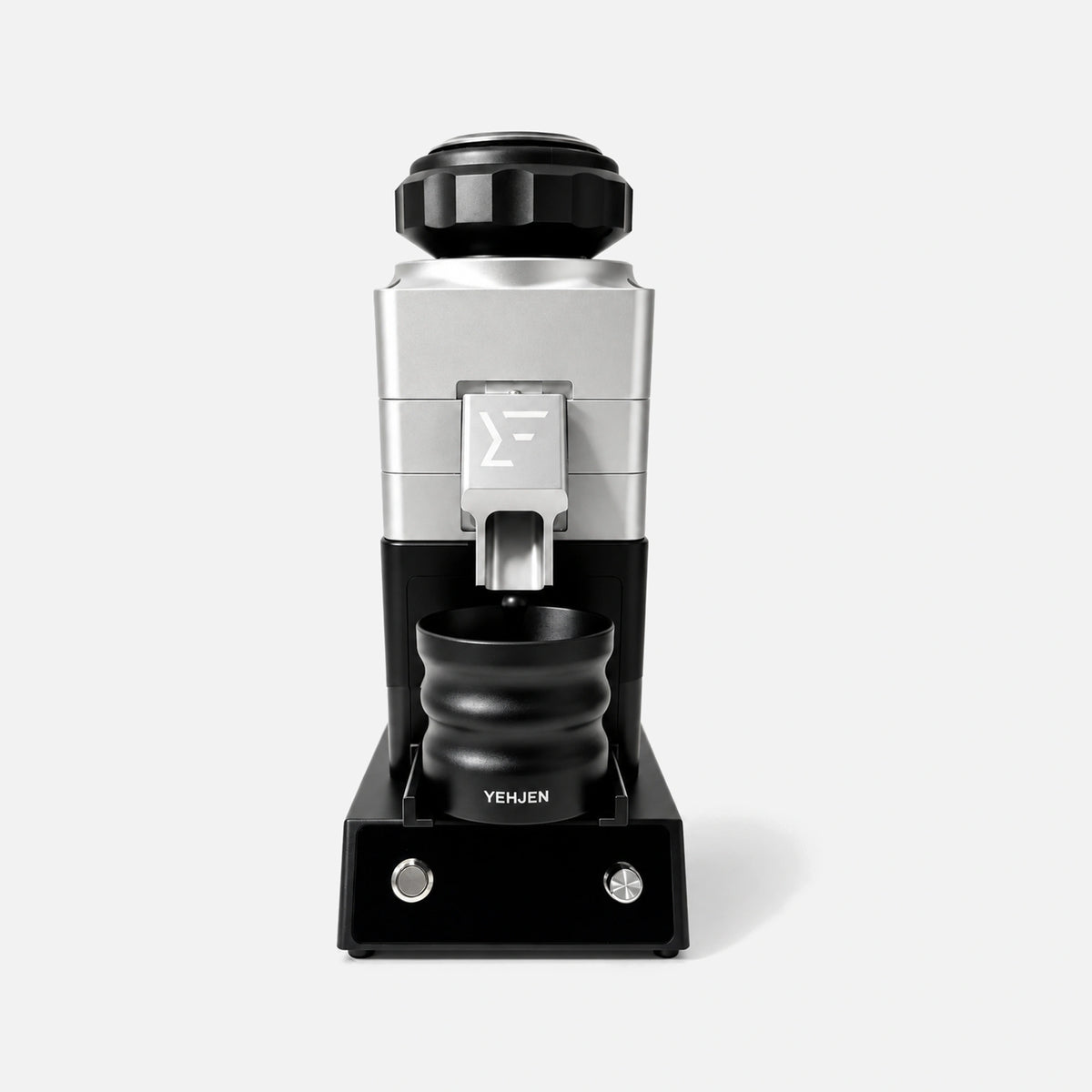 YEH-83C coffee grinder in silver and black, with dosing cup and base.