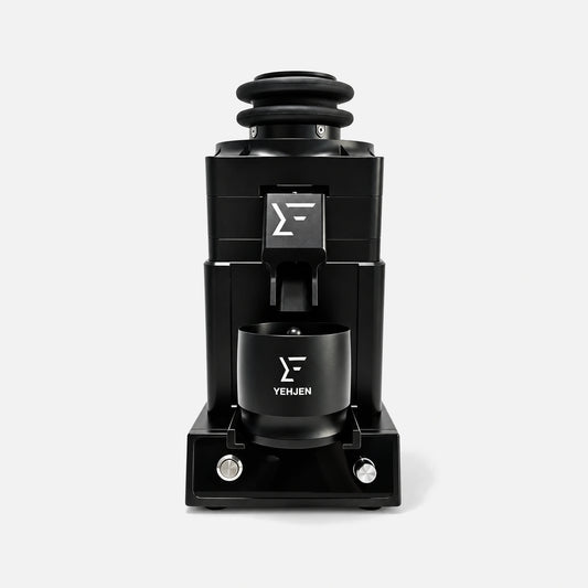 YEH-98L coffee grinder in black, with dosing cup and base.